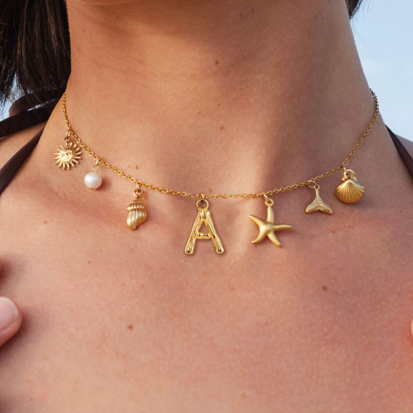 18K Gold PVD Stainless Steel Bohemian Shell Pearl Charm Letter Initial Necklace / KN4002