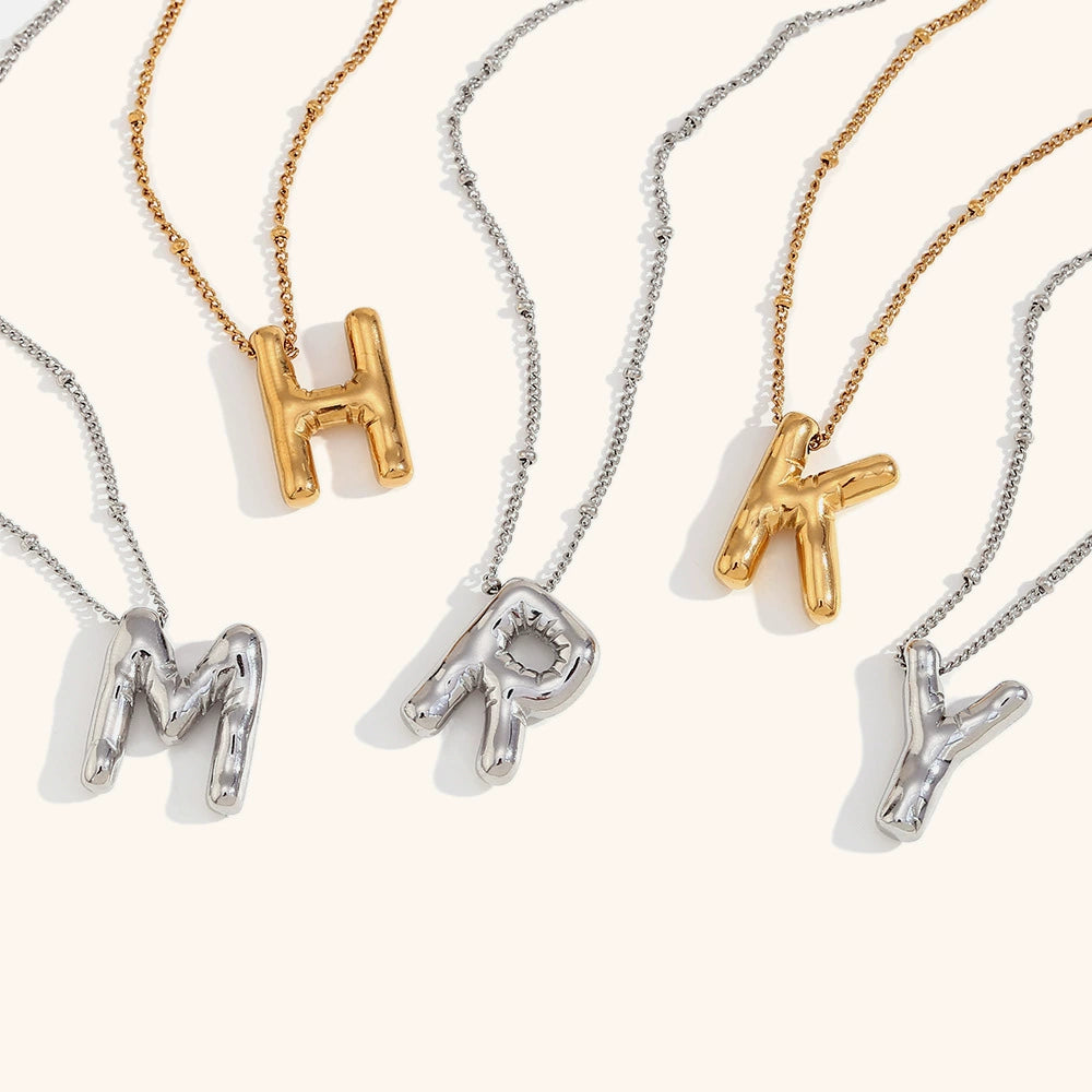 18K Gold PVD Stainless Steel Bubble Letter Initial Pendant Necklace / KN1022