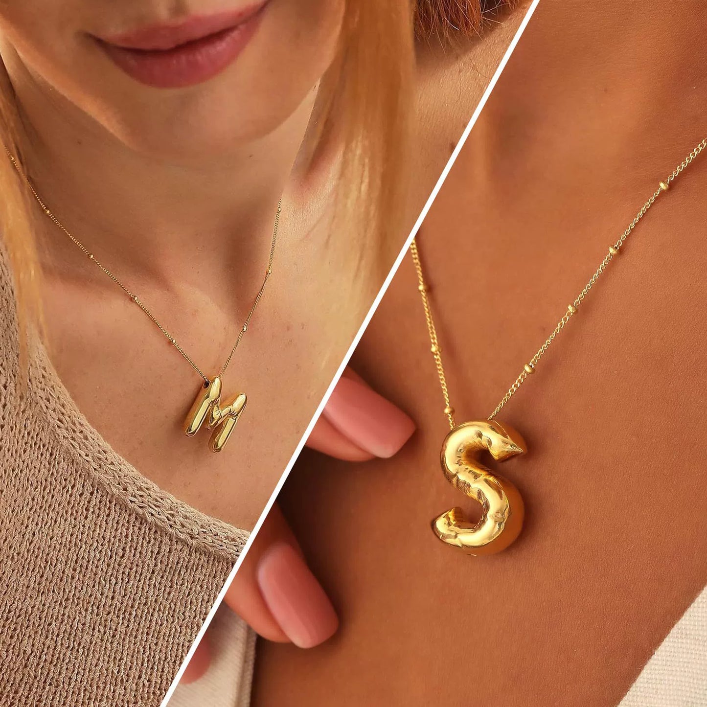 18K Gold PVD Stainless Steel Bubble Letter Initial Pendant Necklace / KN1022
