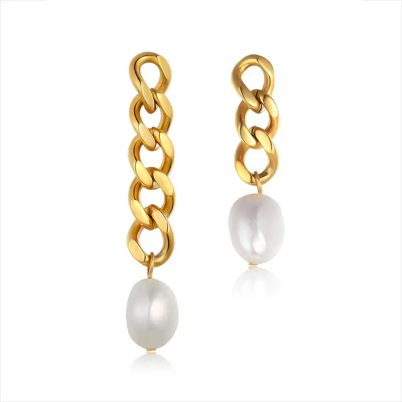 18K Gold PVD Stainless Steel Chain earrings with Pearl / 25104010