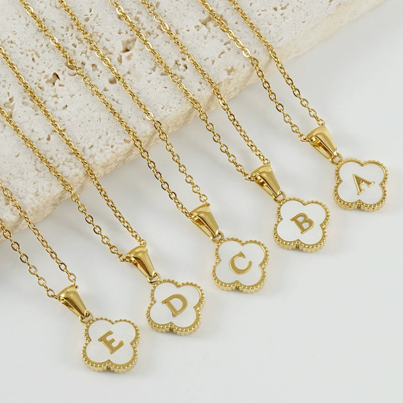 18K Gold PVD Stainless Steel Four Leaf Clover Letter Initial Pendant Necklace / KN1036
