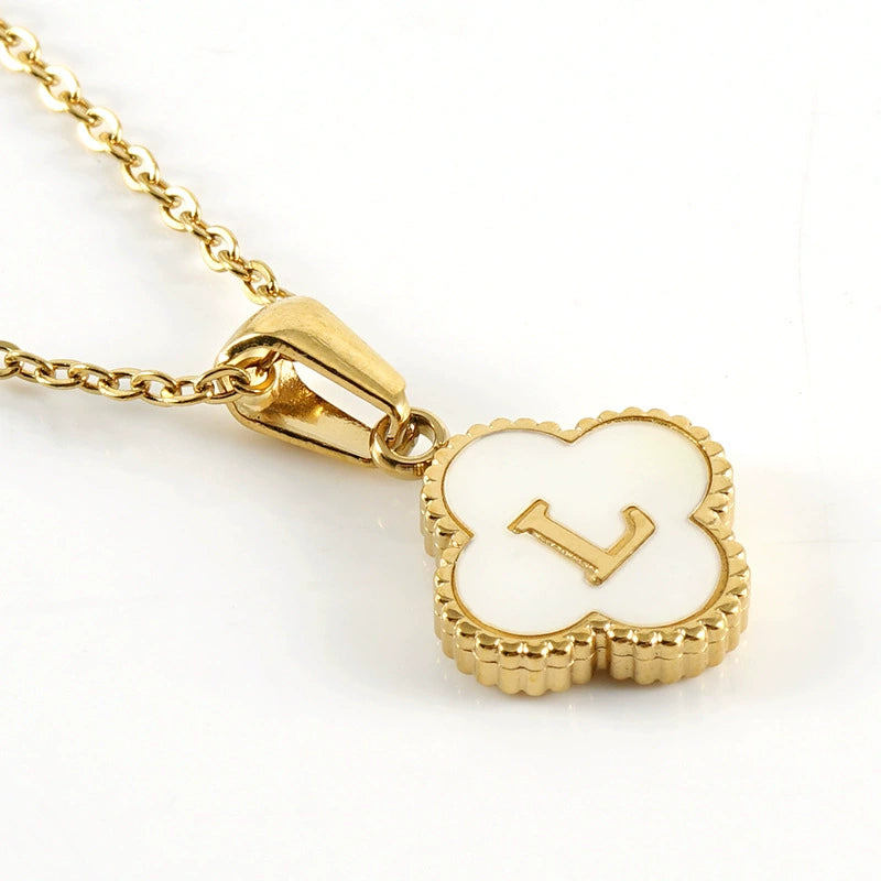 18K Gold PVD Stainless Steel Four Leaf Clover Letter Initial Pendant Necklace / KN1036