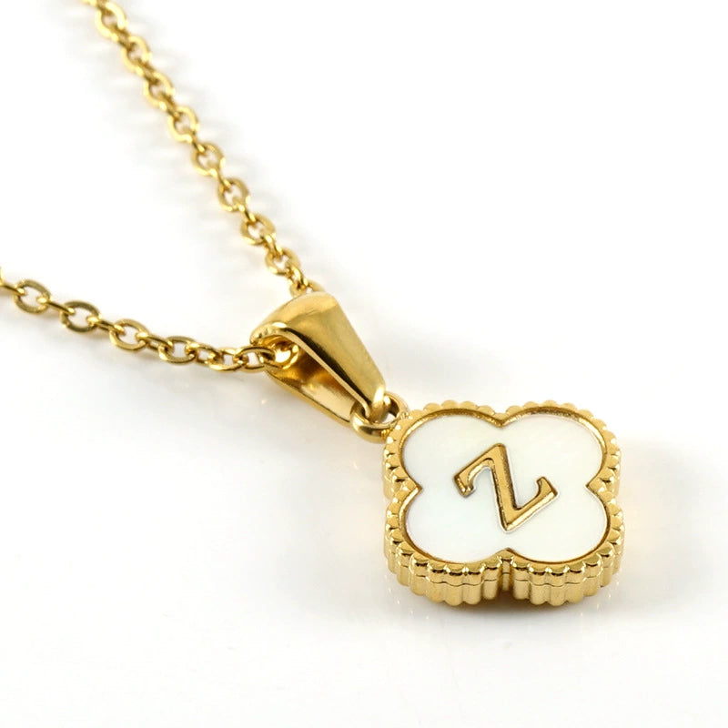 18K Gold PVD Stainless Steel Four Leaf Clover Letter Initial Pendant Necklace / KN1036