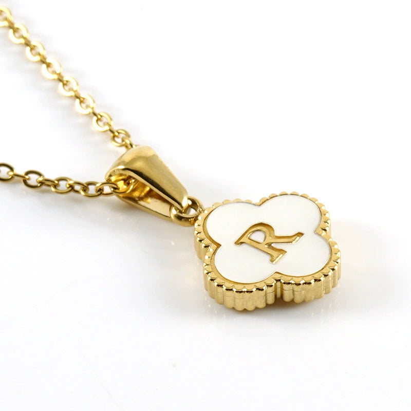18K Gold PVD Stainless Steel Four Leaf Clover Letter Initial Pendant Necklace / KN1036