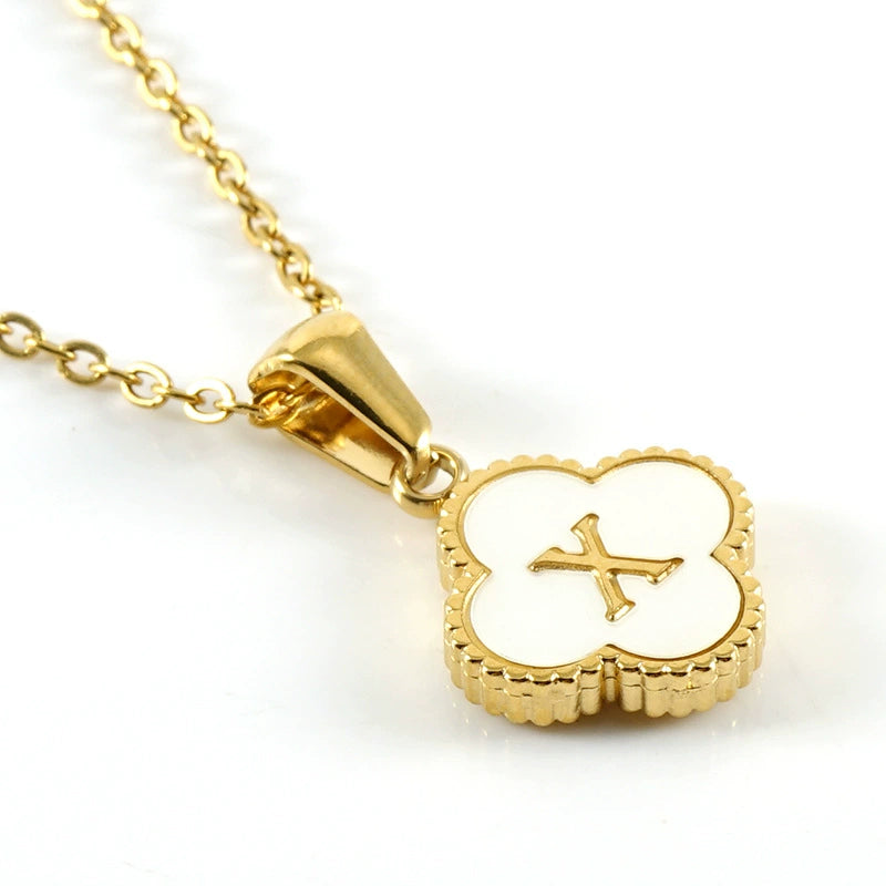18K Gold PVD Stainless Steel Four Leaf Clover Letter Initial Pendant Necklace / KN1036