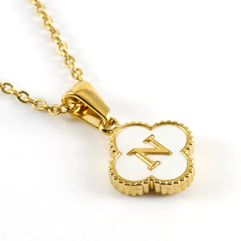 18K Gold PVD Stainless Steel Four Leaf Clover Letter Initial Pendant Necklace / KN1036