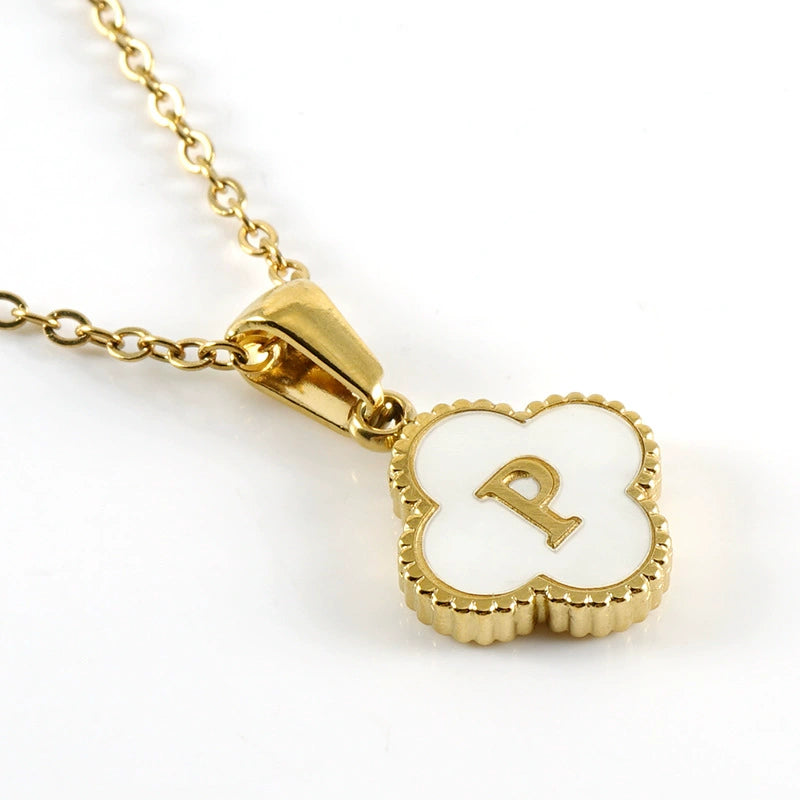 18K Gold PVD Stainless Steel Four Leaf Clover Letter Initial Pendant Necklace / KN1036