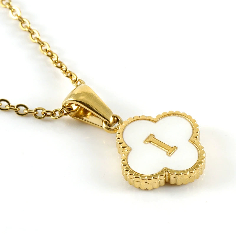 18K Gold PVD Stainless Steel Four Leaf Clover Letter Initial Pendant Necklace / KN1036