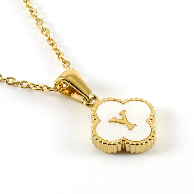 18K Gold PVD Stainless Steel Four Leaf Clover Letter Initial Pendant Necklace / KN1036