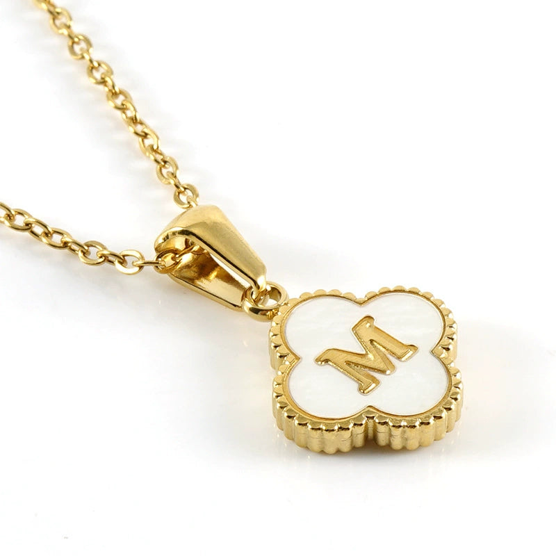 18K Gold PVD Stainless Steel Four Leaf Clover Letter Initial Pendant Necklace / KN1036