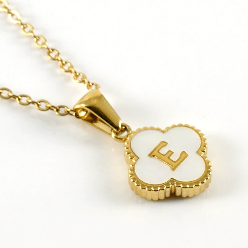 18K Gold PVD Stainless Steel Four Leaf Clover Letter Initial Pendant Necklace / KN1036