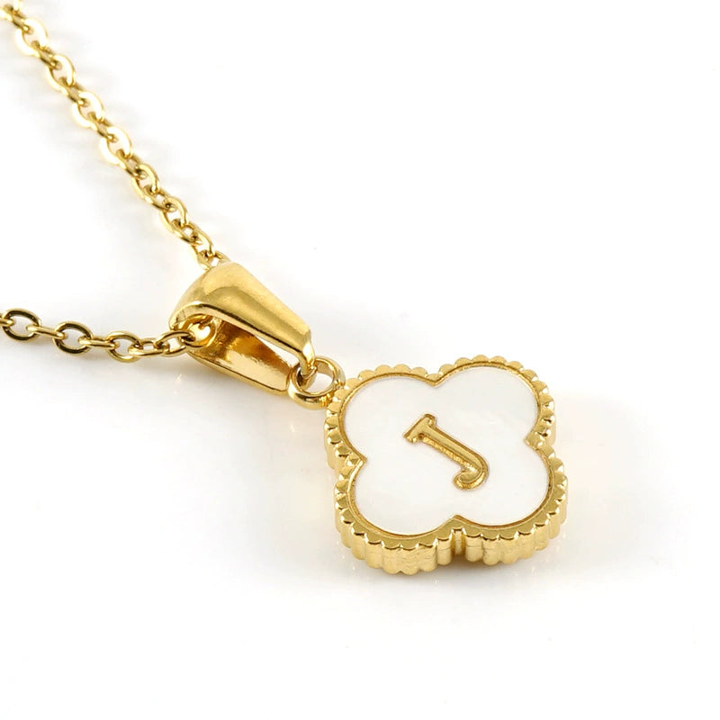 18K Gold PVD Stainless Steel Four Leaf Clover Letter Initial Pendant Necklace / KN1036