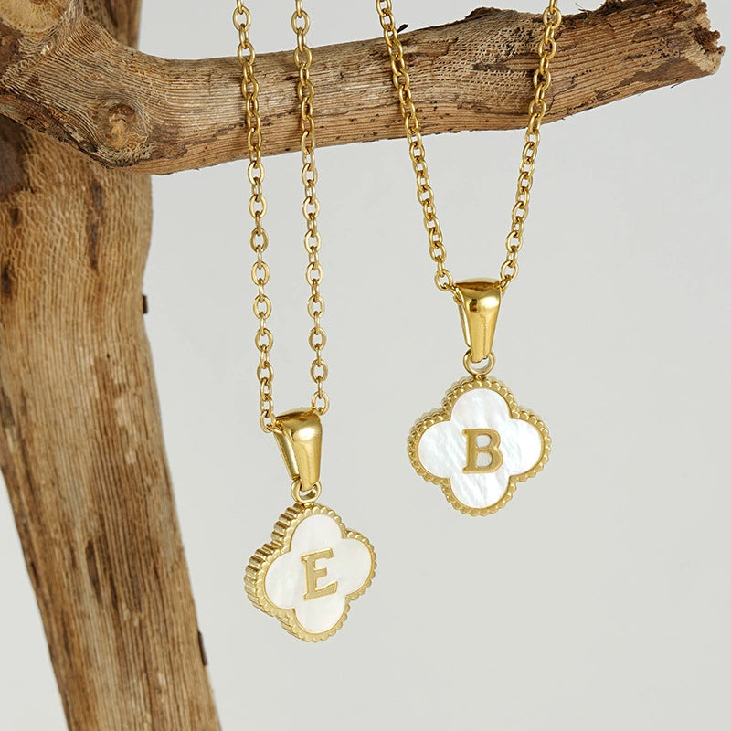 18K Gold PVD Stainless Steel Four Leaf Clover Letter Initial Pendant Necklace / KN1036