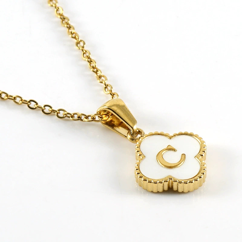 18K Gold PVD Stainless Steel Four Leaf Clover Letter Initial Pendant Necklace / KN1036