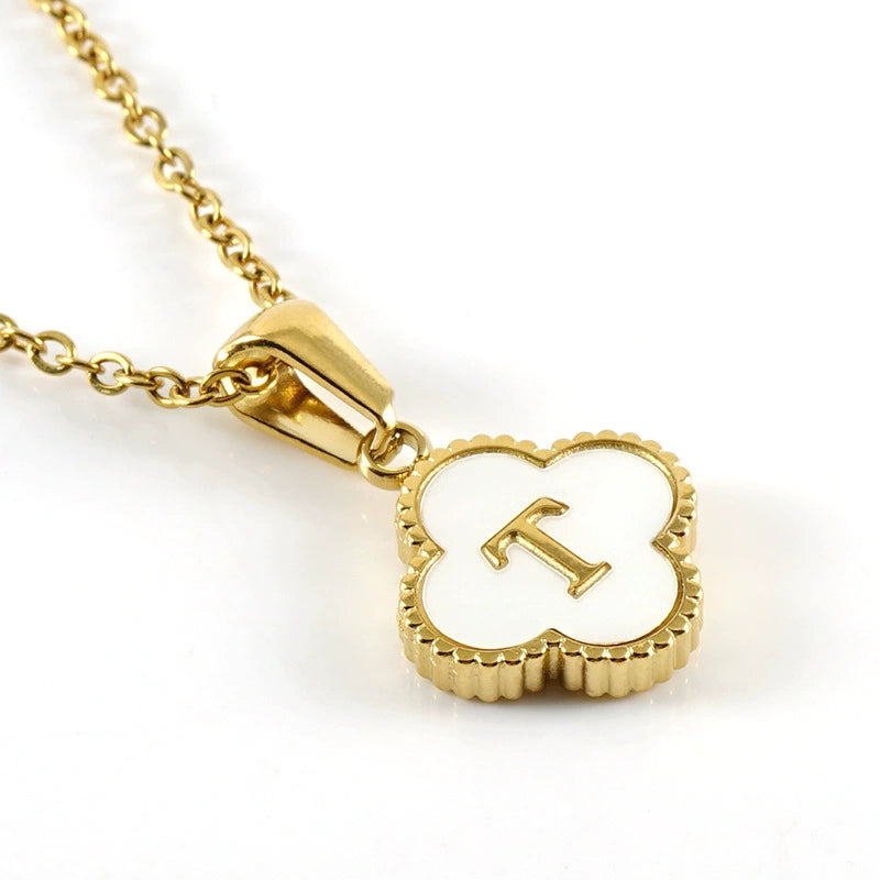 18K Gold PVD Stainless Steel Four Leaf Clover Letter Initial Pendant Necklace / KN1036
