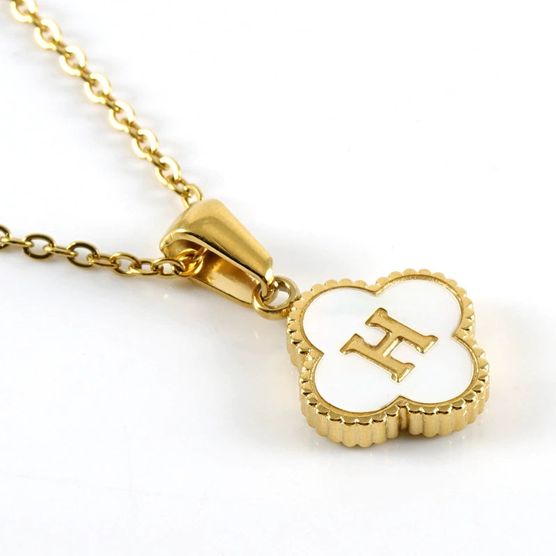 18K Gold PVD Stainless Steel Four Leaf Clover Letter Initial Pendant Necklace / KN1036