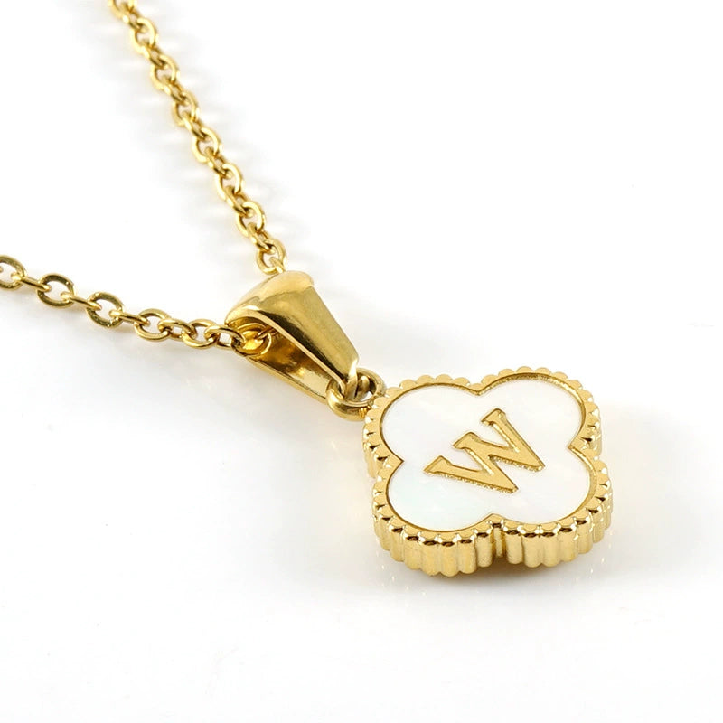 18K Gold PVD Stainless Steel Four Leaf Clover Letter Initial Pendant Necklace / KN1036