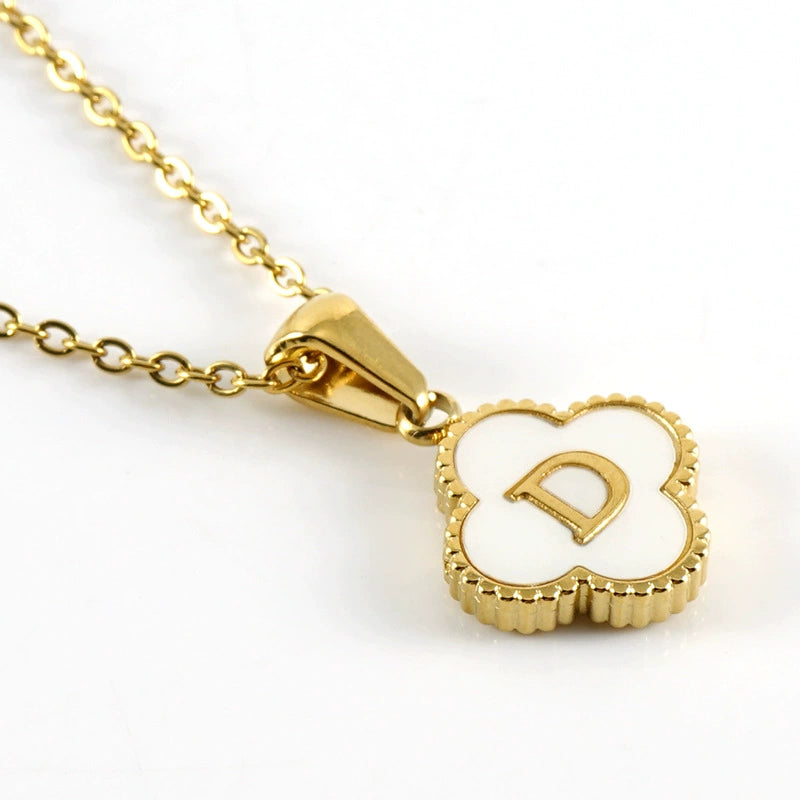 18K Gold PVD Stainless Steel Four Leaf Clover Letter Initial Pendant Necklace / KN1036