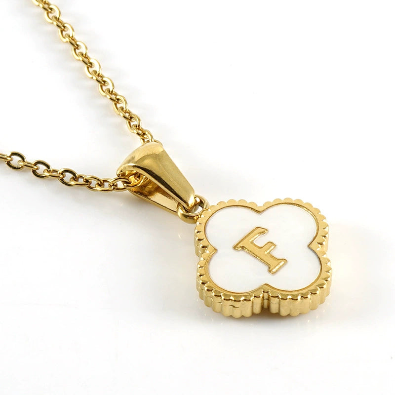 18K Gold PVD Stainless Steel Four Leaf Clover Letter Initial Pendant Necklace / KN1036