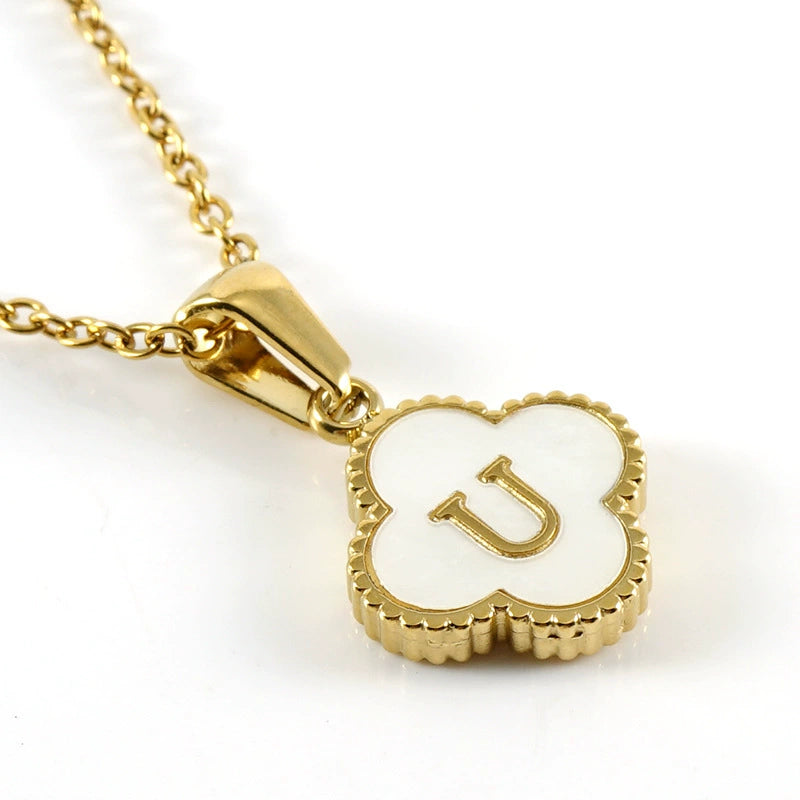 18K Gold PVD Stainless Steel Four Leaf Clover Letter Initial Pendant Necklace / KN1036