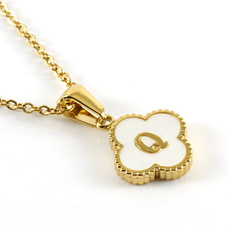 18K Gold PVD Stainless Steel Four Leaf Clover Letter Initial Pendant Necklace / KN1036