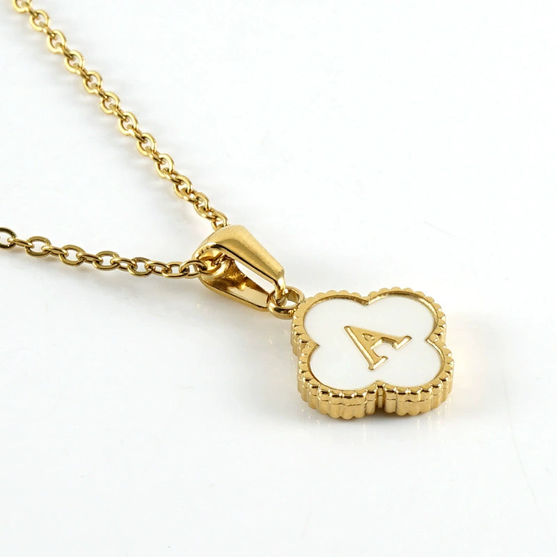 18K Gold PVD Stainless Steel Four Leaf Clover Letter Initial Pendant Necklace / KN1036