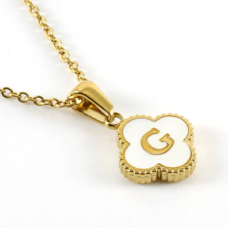 18K Gold PVD Stainless Steel Four Leaf Clover Letter Initial Pendant Necklace / KN1036