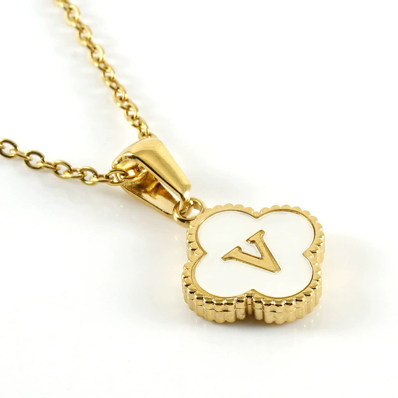 18K Gold PVD Stainless Steel Four Leaf Clover Letter Initial Pendant Necklace / KN1036