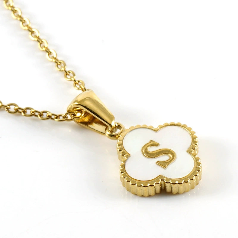 18K Gold PVD Stainless Steel Four Leaf Clover Letter Initial Pendant Necklace / KN1036