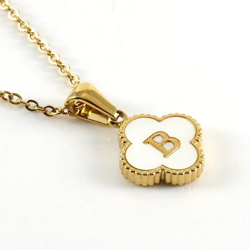 18K Gold PVD Stainless Steel Four Leaf Clover Letter Initial Pendant Necklace / KN1036