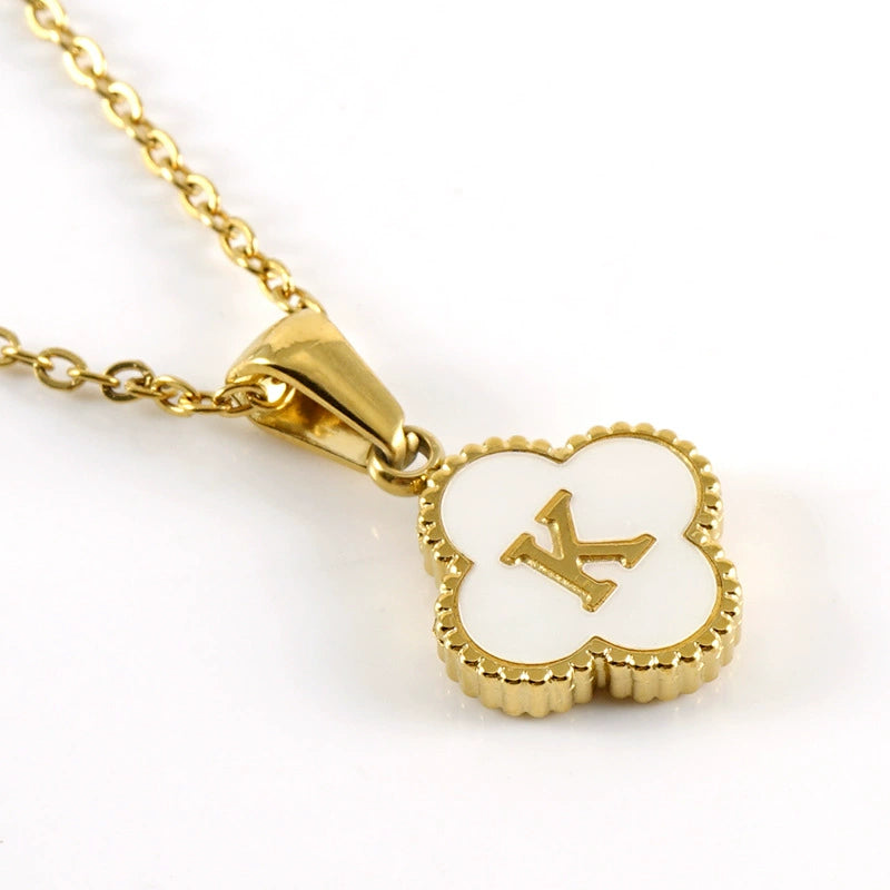 18K Gold PVD Stainless Steel Four Leaf Clover Letter Initial Pendant Necklace / KN1036
