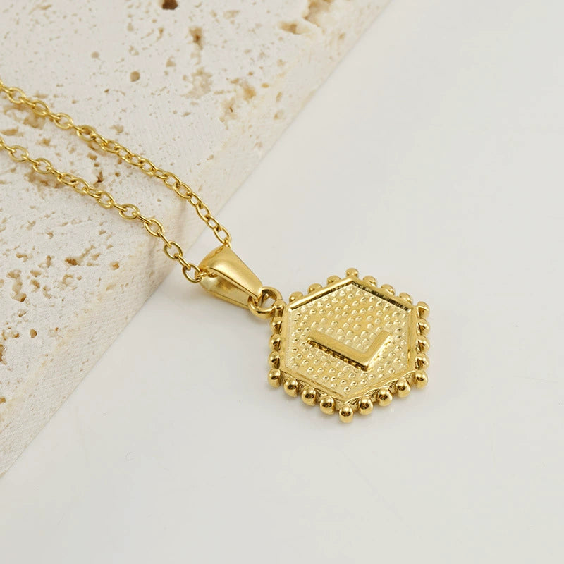 18K Gold PVD Stainless Steel Hexagon Letter Initial Pendant Necklace / KN1035