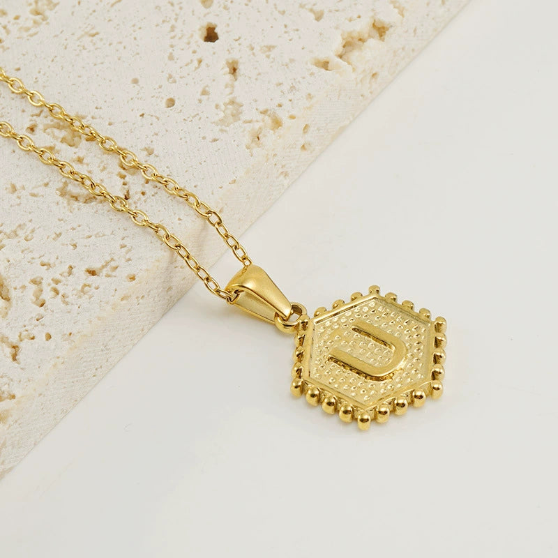 18K Gold PVD Stainless Steel Hexagon Letter Initial Pendant Necklace / KN1035
