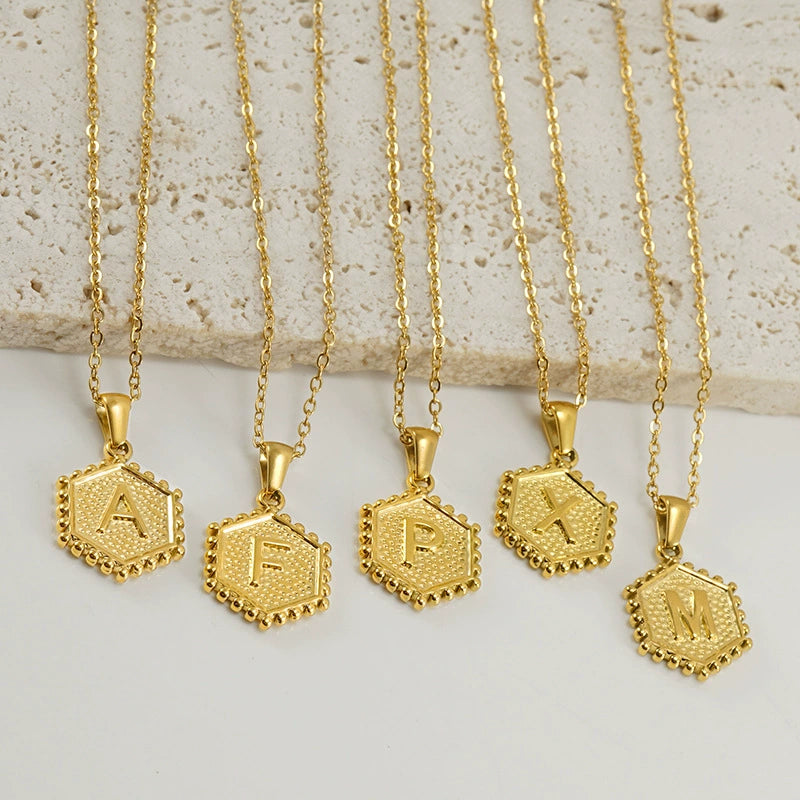 18K Gold PVD Stainless Steel Hexagon Letter Initial Pendant Necklace / KN1035