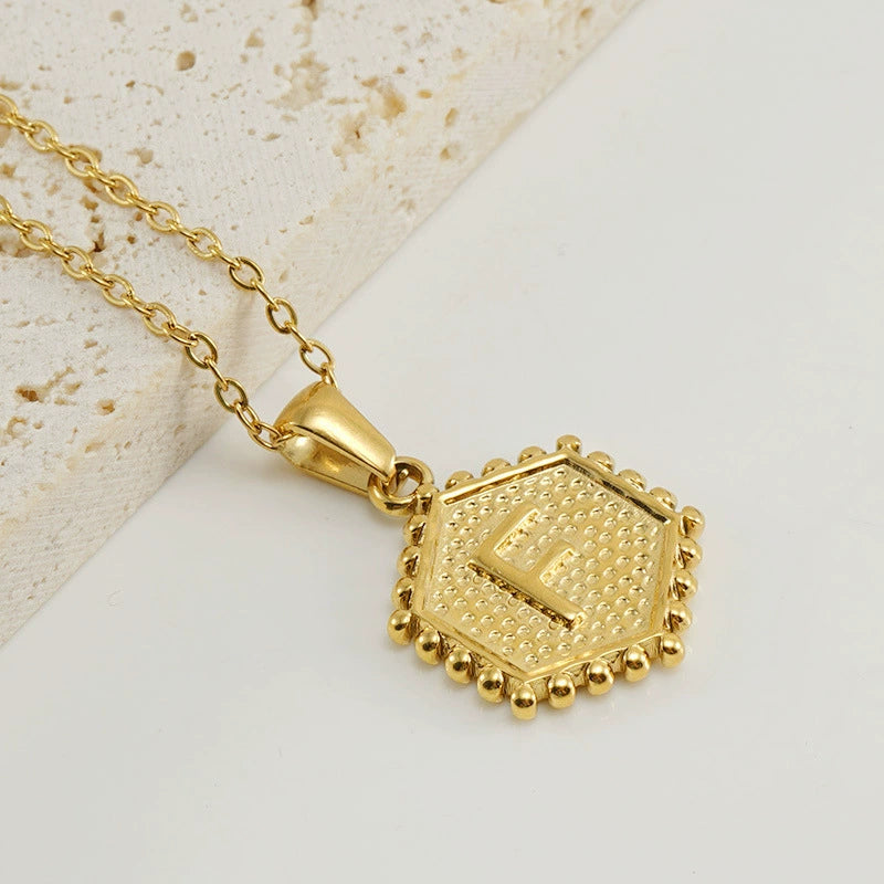 18K Gold PVD Stainless Steel Hexagon Letter Initial Pendant Necklace / KN1035