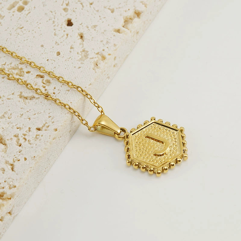 18K Gold PVD Stainless Steel Hexagon Letter Initial Pendant Necklace / KN1035