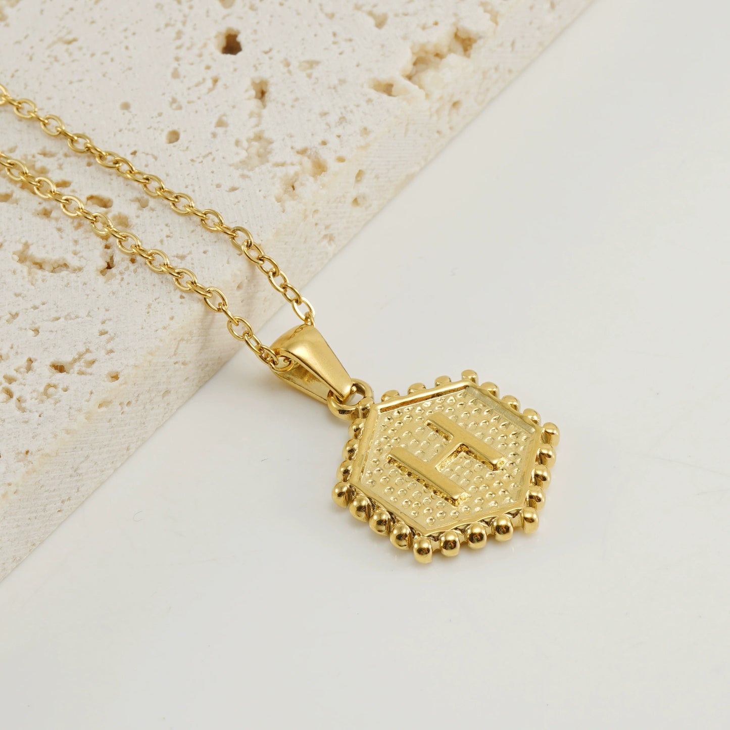 18K Gold PVD Stainless Steel Hexagon Letter Initial Pendant Necklace / KN1035