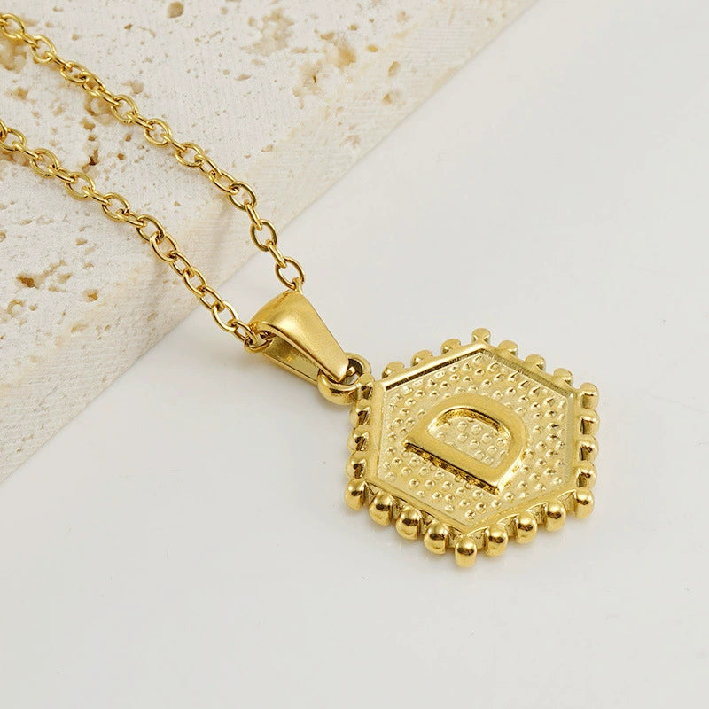 18K Gold PVD Stainless Steel Hexagon Letter Initial Pendant Necklace / KN1035