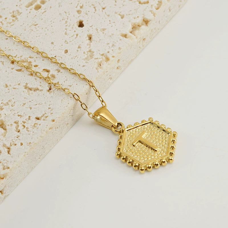 18K Gold PVD Stainless Steel Hexagon Letter Initial Pendant Necklace / KN1035