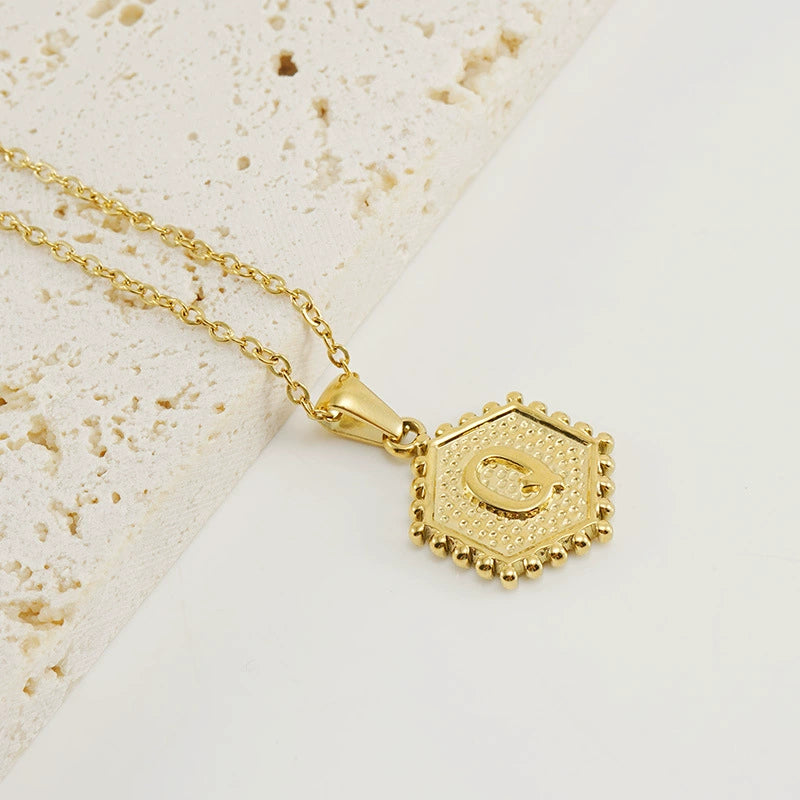 18K Gold PVD Stainless Steel Hexagon Letter Initial Pendant Necklace / KN1035