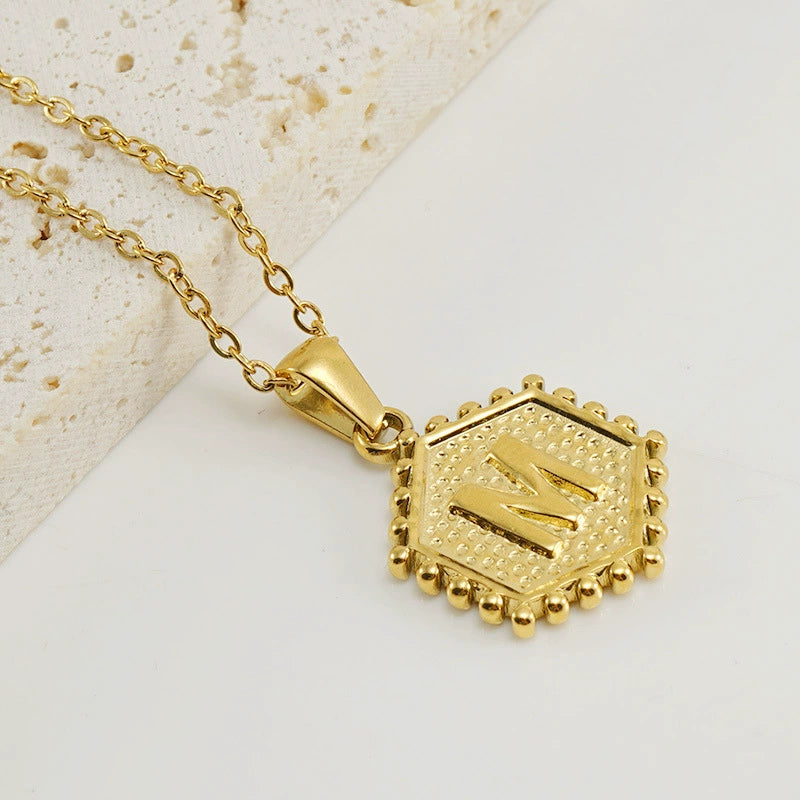 18K Gold PVD Stainless Steel Hexagon Letter Initial Pendant Necklace / KN1035
