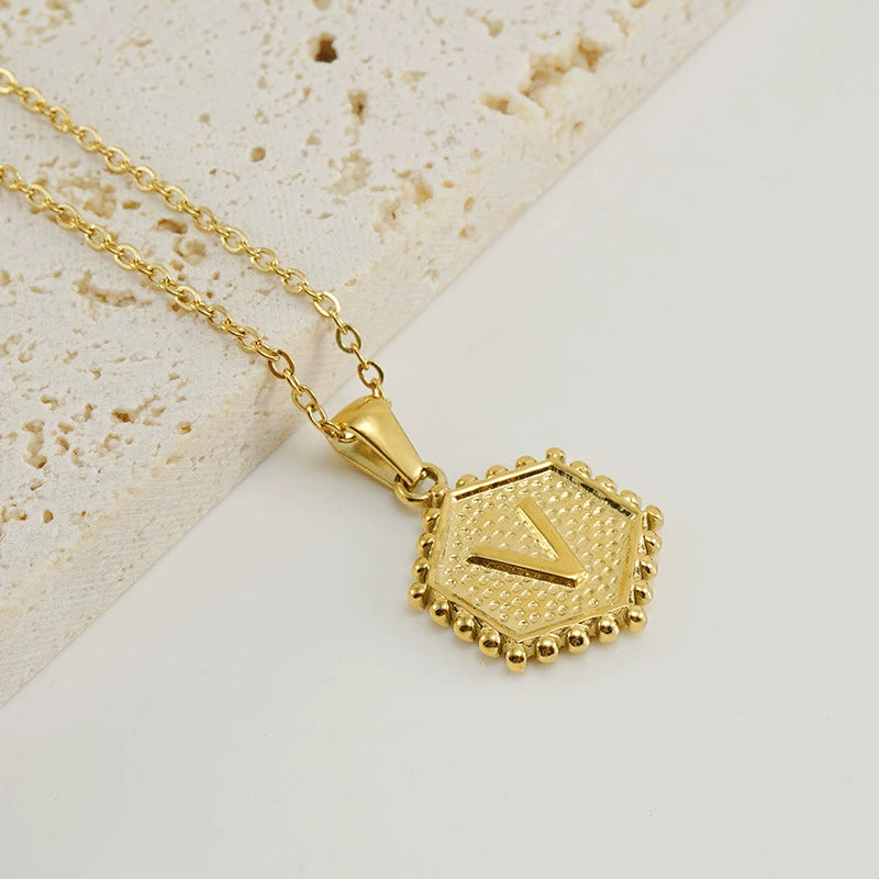 18K Gold PVD Stainless Steel Hexagon Letter Initial Pendant Necklace / KN1035