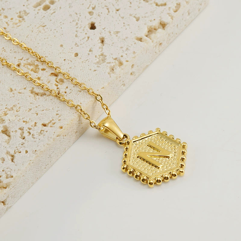 18K Gold PVD Stainless Steel Hexagon Letter Initial Pendant Necklace / KN1035