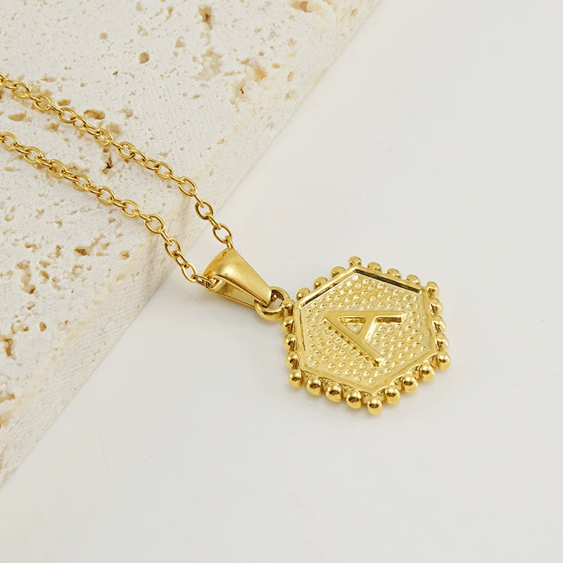 18K Gold PVD Stainless Steel Hexagon Letter Initial Pendant Necklace / KN1035