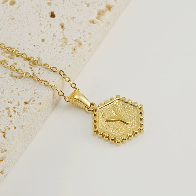 18K Gold PVD Stainless Steel Hexagon Letter Initial Pendant Necklace / KN1035