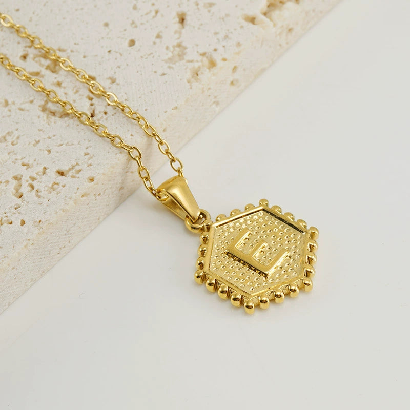 18K Gold PVD Stainless Steel Hexagon Letter Initial Pendant Necklace / KN1035