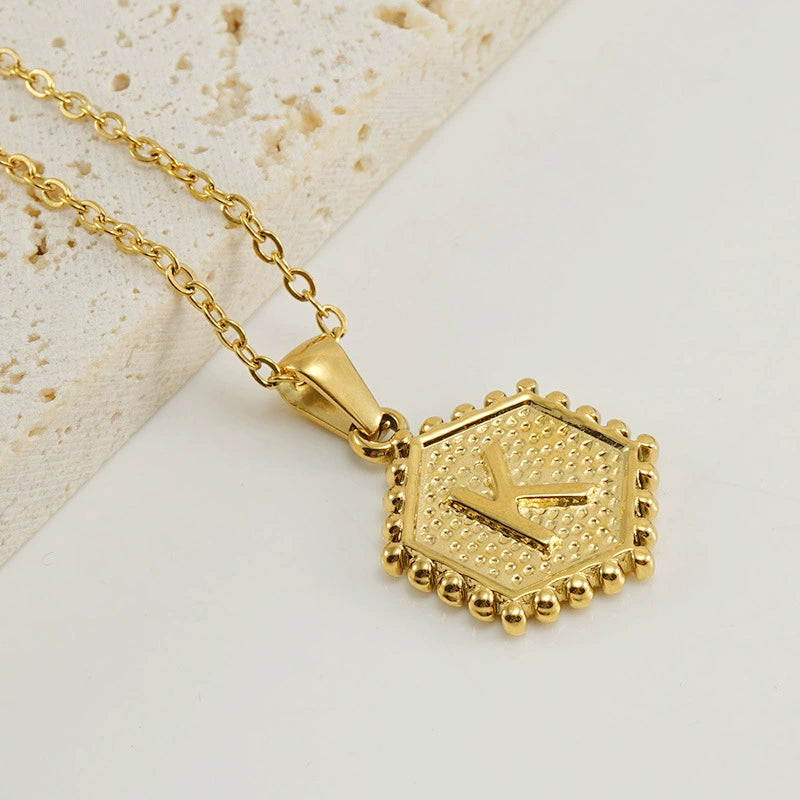 18K Gold PVD Stainless Steel Hexagon Letter Initial Pendant Necklace / KN1035
