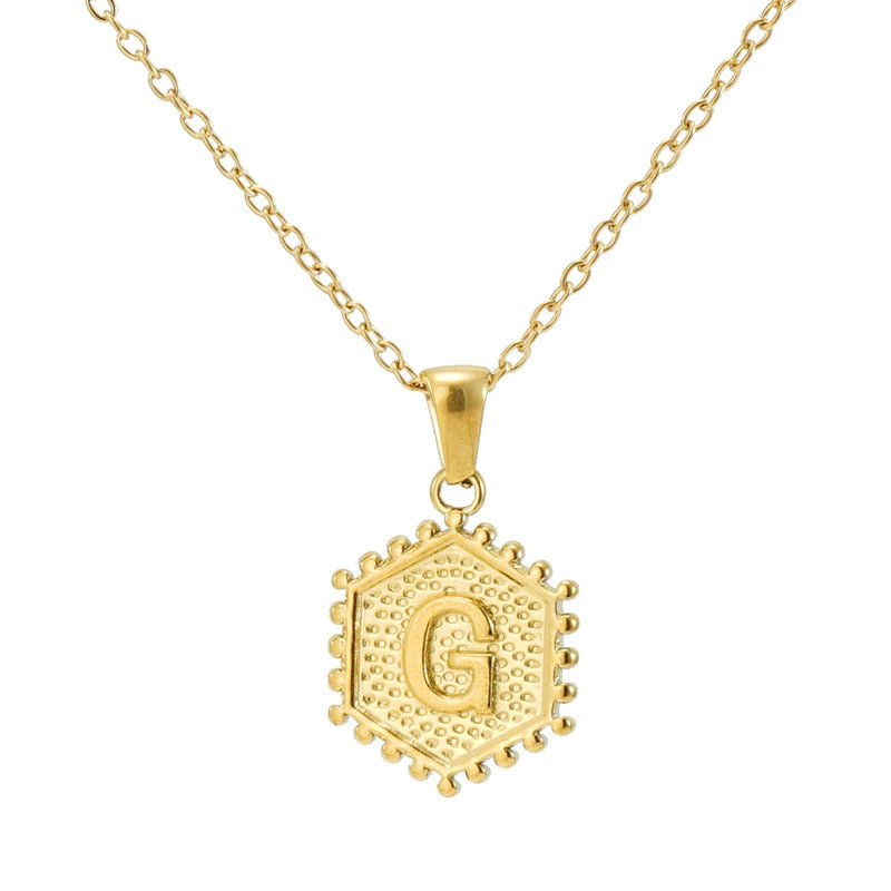 18K Gold PVD Stainless Steel Hexagon Letter Initial Pendant Necklace / KN1035