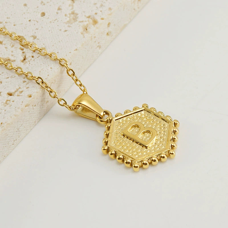 18K Gold PVD Stainless Steel Hexagon Letter Initial Pendant Necklace / KN1035