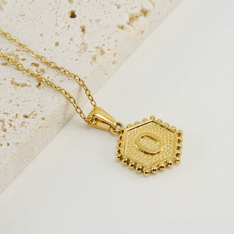 18K Gold PVD Stainless Steel Hexagon Letter Initial Pendant Necklace / KN1035